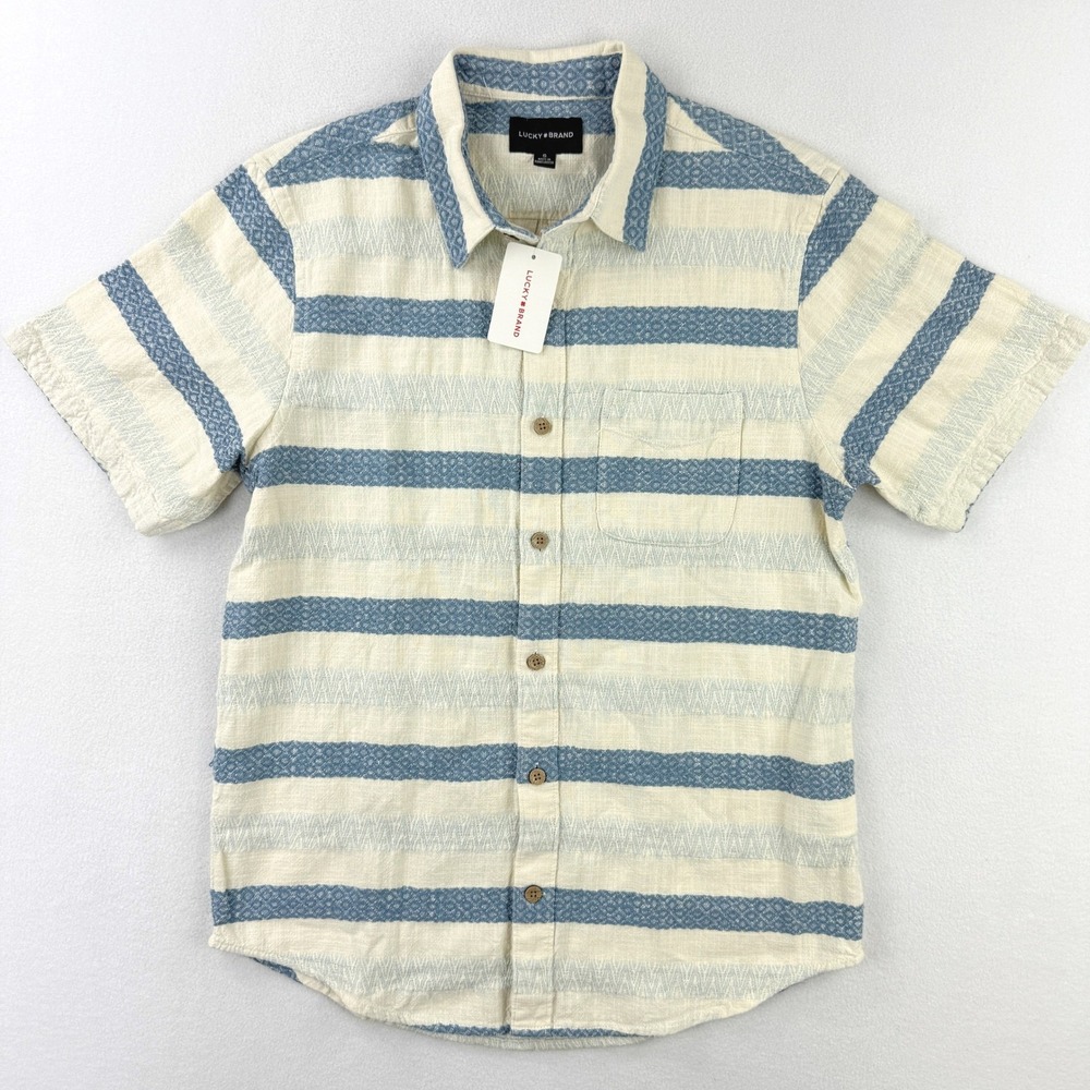 LUCKY BRAND Dobby‎ Stripe Cotton Camp Shirt Size S Mens Blue/White NEW